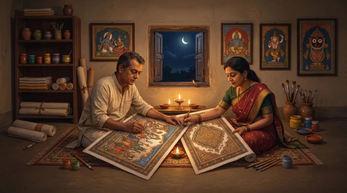 Artists Brajeswar Pattnaik and Sruti Das working in their midnight Pattachitra atelier