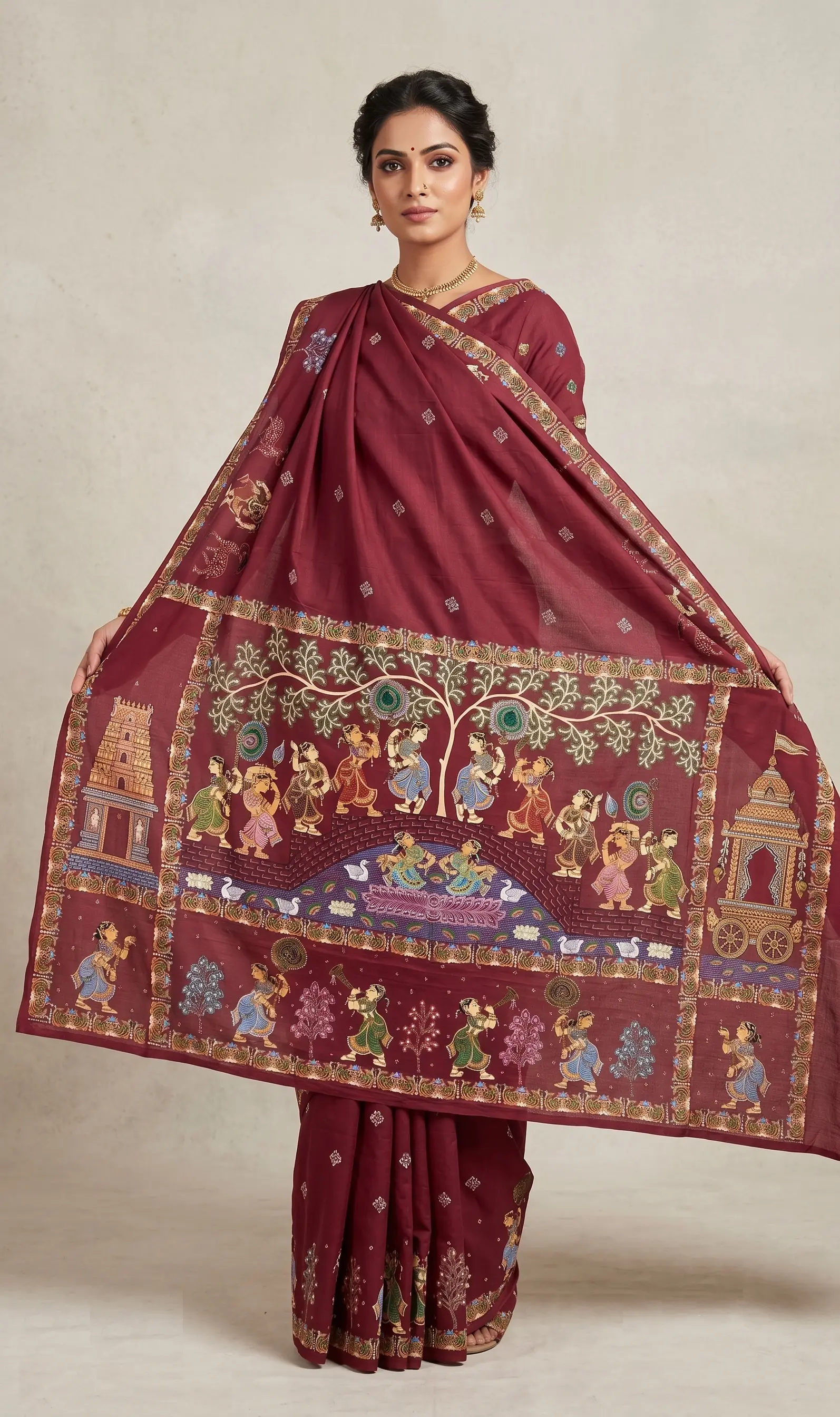 The Gopuram-Ratha Narrative Deep Maroon Pattachitra Silk-Khadi Saree