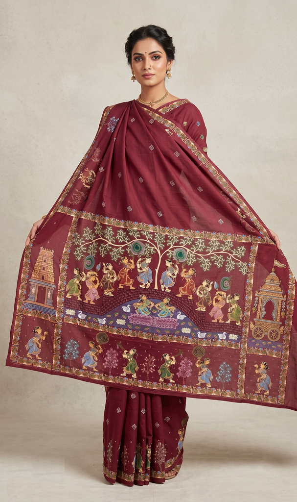 The Gopuram-Ratha Narrative Deep Maroon Pattachitra Silk-Khadi Saree