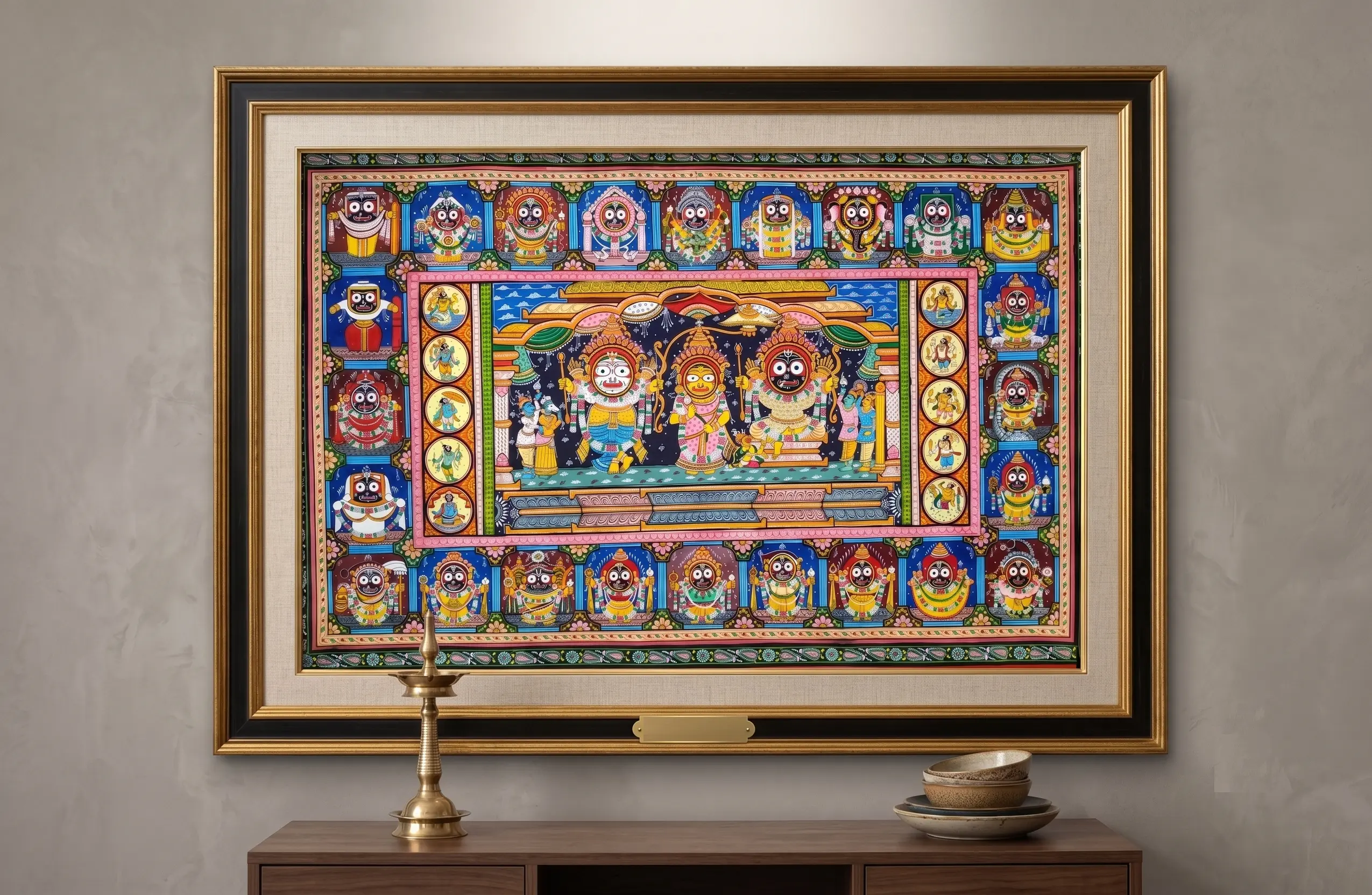 The Celestial Trinity: Sri Jagannath, Balabhadra, and Subhadra Pattachitra