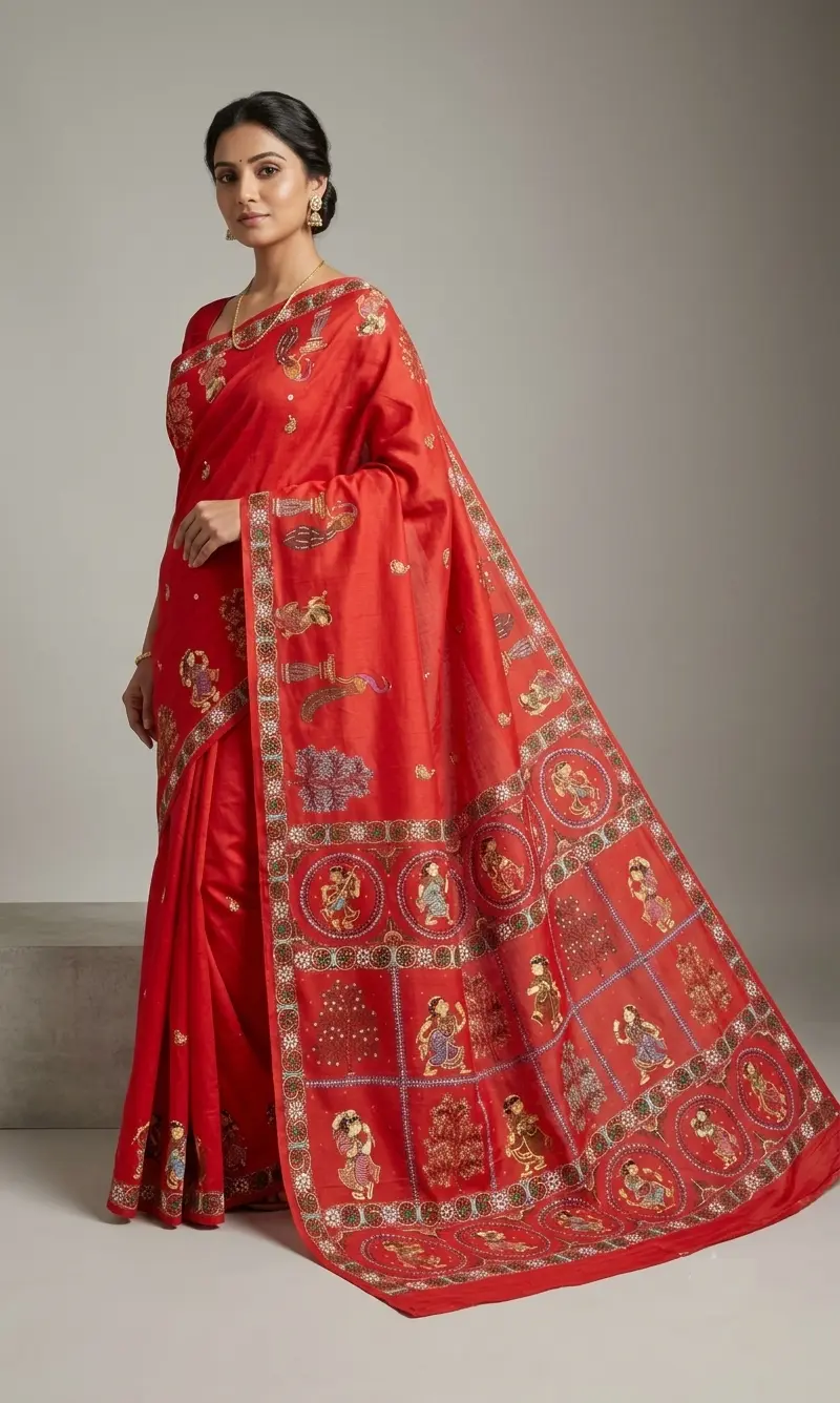 The Crimson Nritya – Hand-Painted Pattachitra Khadi Silk Saree