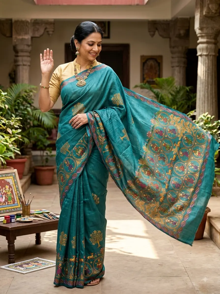 The Nritya & Mriga – Hand-Painted Pattachitra Pure Tussar Silk Saree