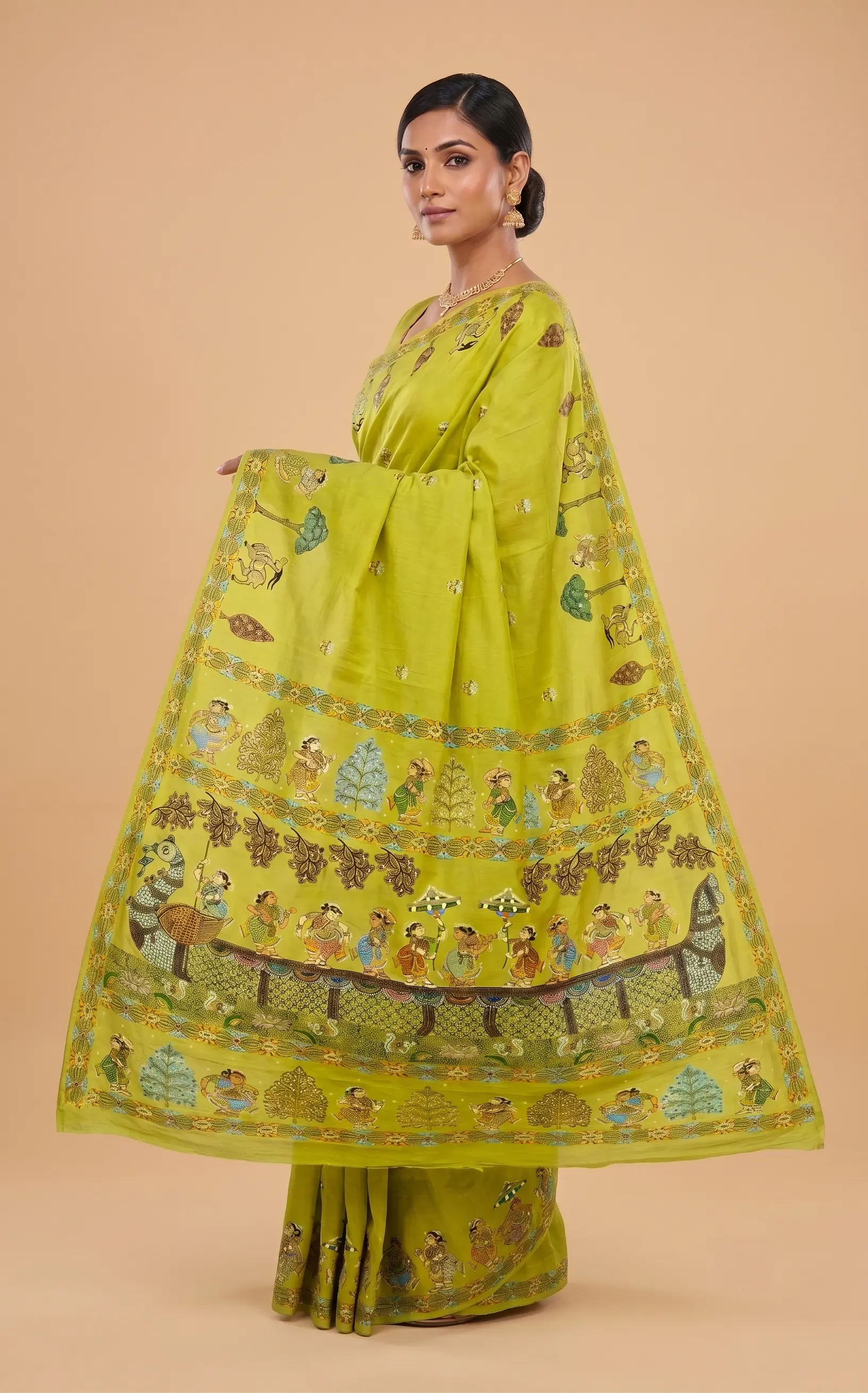 The Lime Procession Pattachitra Silk Saree (Artisan Collection)